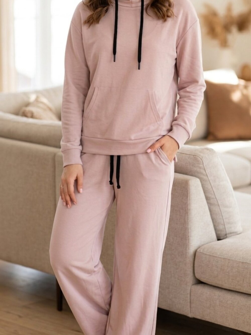 Women’s Dusty Pink Loungewear Set - Hoodie & Wide-Leg Pants with Pockets